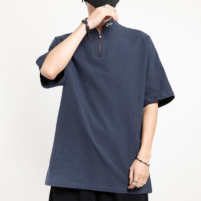 Chemise à manches mi-longues brodée en lin avec Buddha Stones pour homme