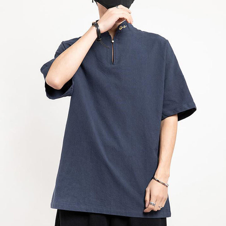 Chemise à manches mi-longues brodée en lin avec Buddha Stones pour homme