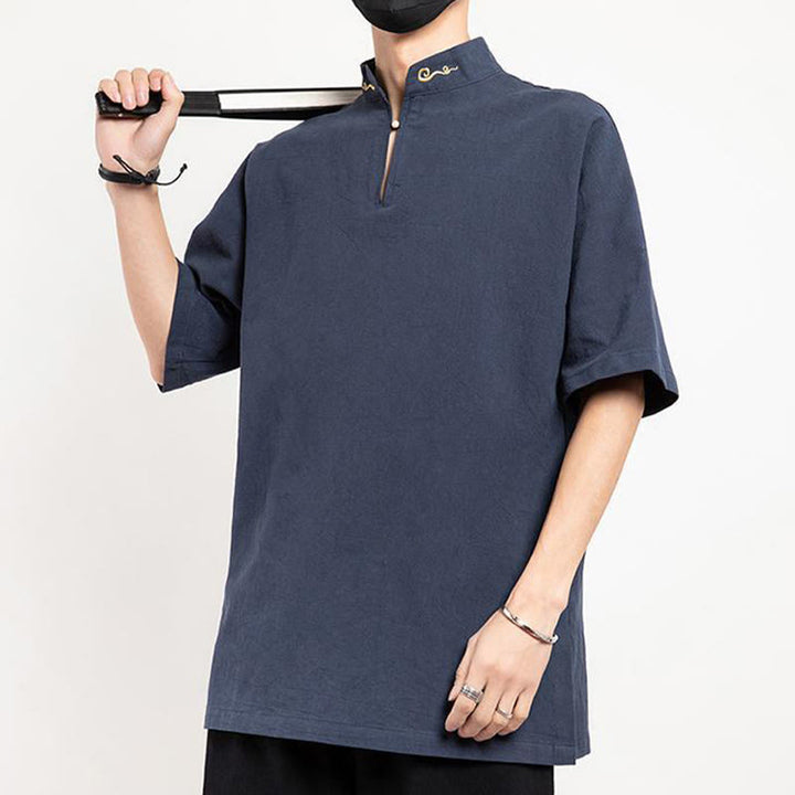 Chemise à manches mi-longues brodée en lin avec Buddha Stones pour homme