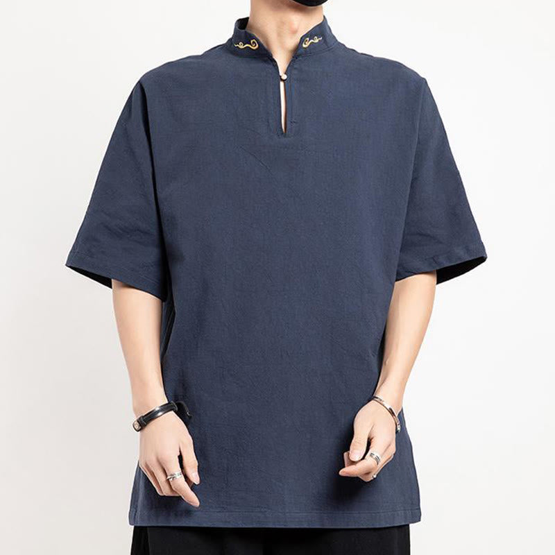 Chemise à manches mi-longues brodée en lin avec Buddha Stones pour homme