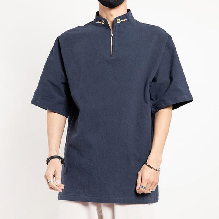 Chemise à manches mi-longues brodée en lin avec Buddha Stones pour homme