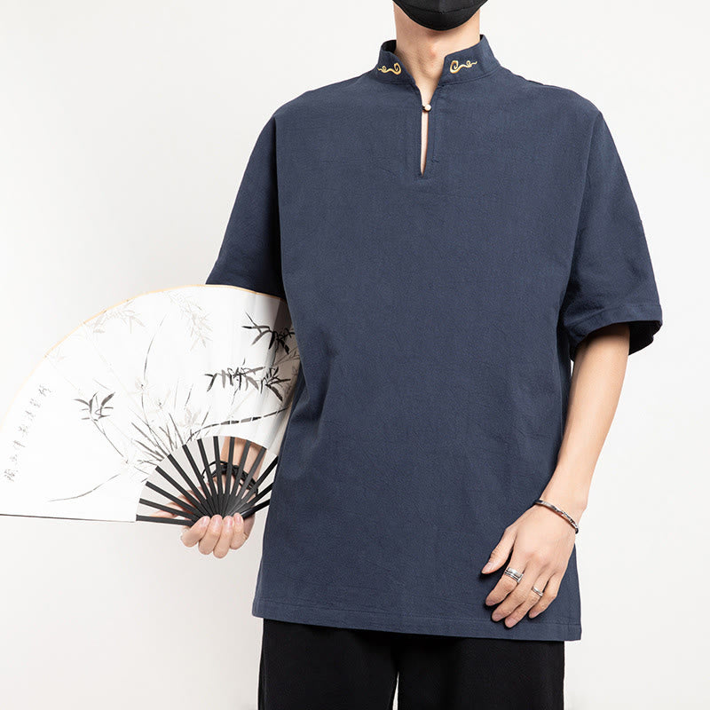 Chemise à manches mi-longues brodée en lin avec Buddha Stones pour homme