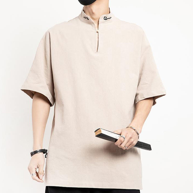 Chemise à manches mi-longues brodée en lin avec Buddha Stones pour homme