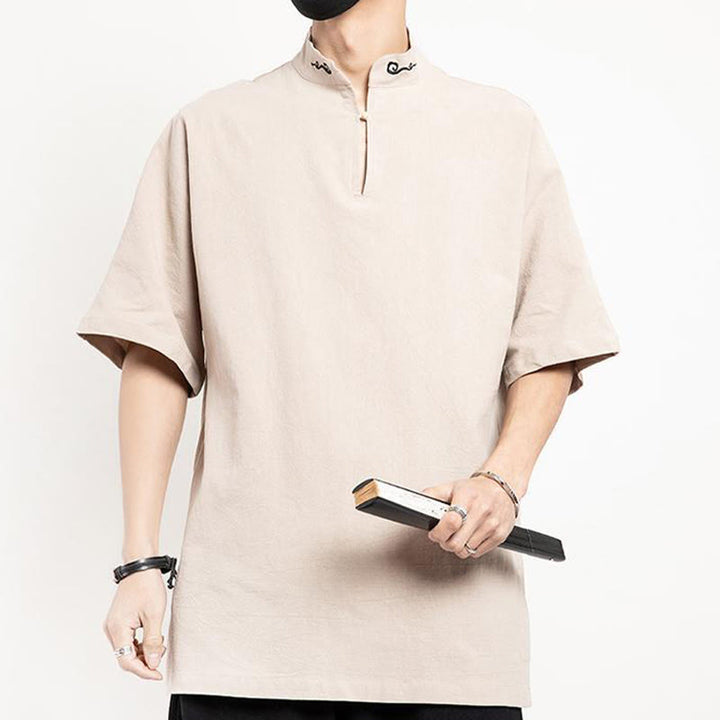 Chemise à manches mi-longues brodée en lin avec Buddha Stones pour homme