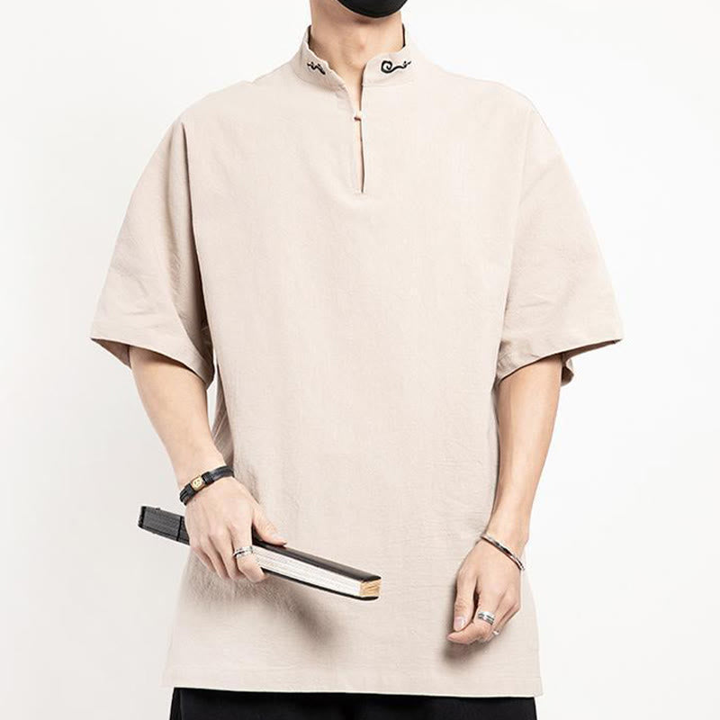 Chemise à manches mi-longues brodée en lin avec Buddha Stones pour homme