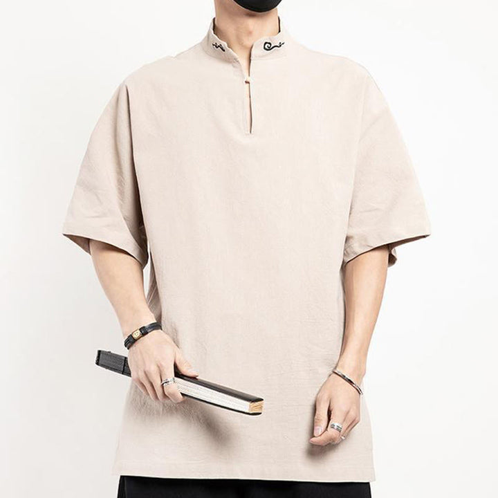 Chemise à manches mi-longues brodée en lin avec Buddha Stones pour homme