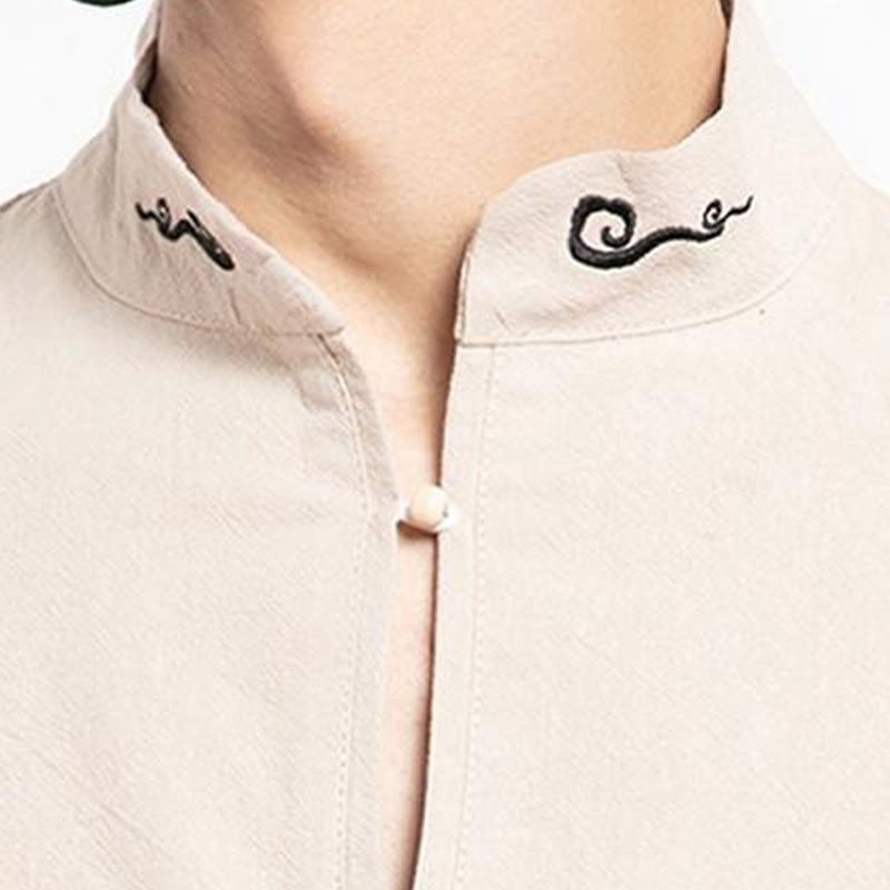 Chemise à manches mi-longues brodée en lin avec Buddha Stones pour homme