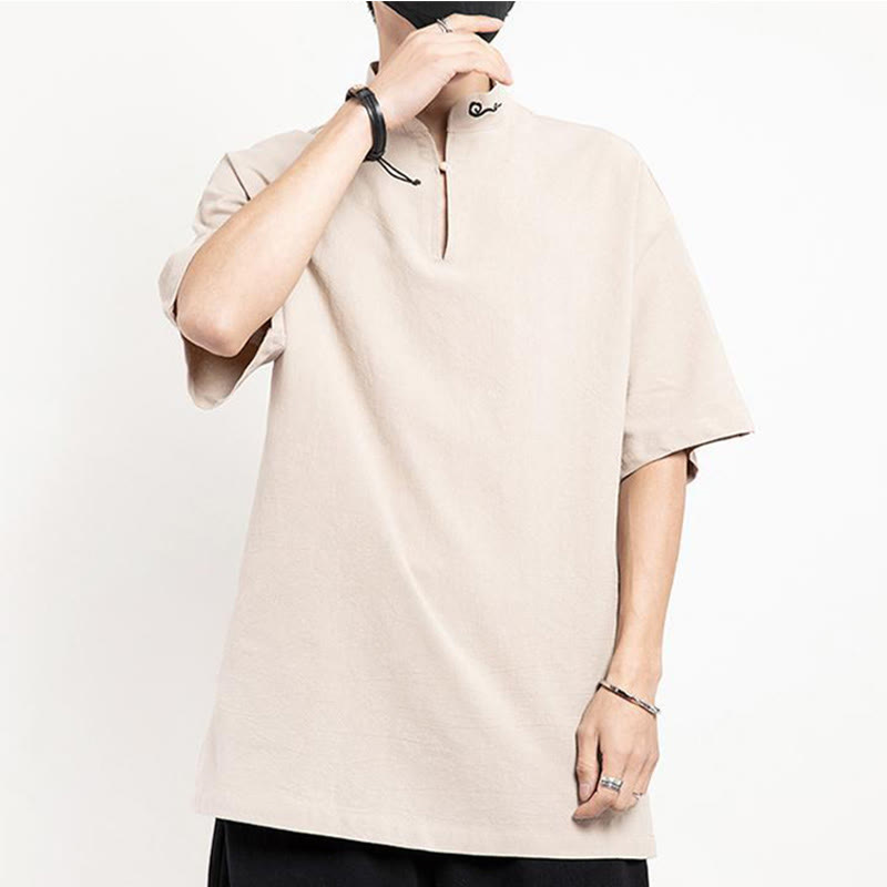 Chemise à manches mi-longues brodée en lin avec Buddha Stones pour homme