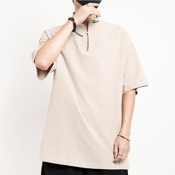 Chemise à manches mi-longues brodée en lin avec Buddha Stones pour homme