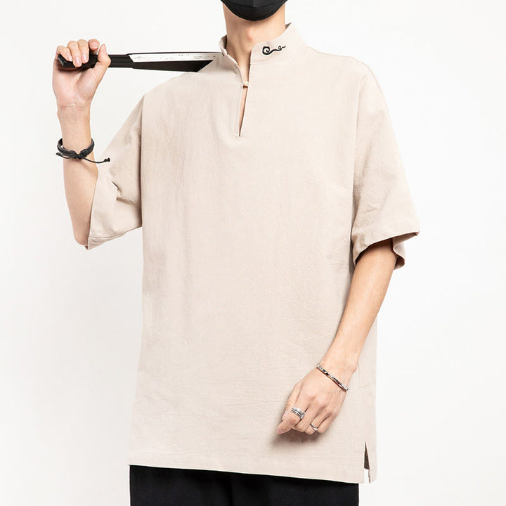 Chemise à manches mi-longues brodée en lin avec Buddha Stones pour homme