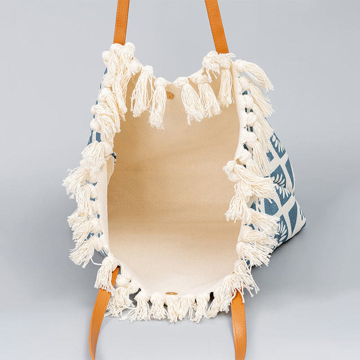 Sac fourre-tout en toile à imprimé géométrique bohème de grande capacité avec Buddha Stones