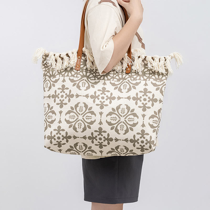 Sac fourre-tout en toile à imprimé géométrique bohème de grande capacité avec Buddha Stones