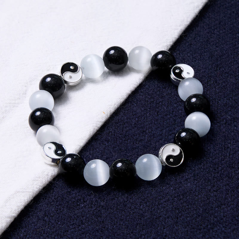 Bracelet de force purificatrice Yin Yang en obsidienne noire œil de chat Buddha Stones