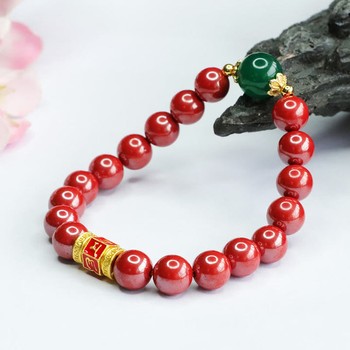 Bracelet de bénédiction en agate verte cinabre naturelle Buddha Stones et motif Om Mani Padme Hum