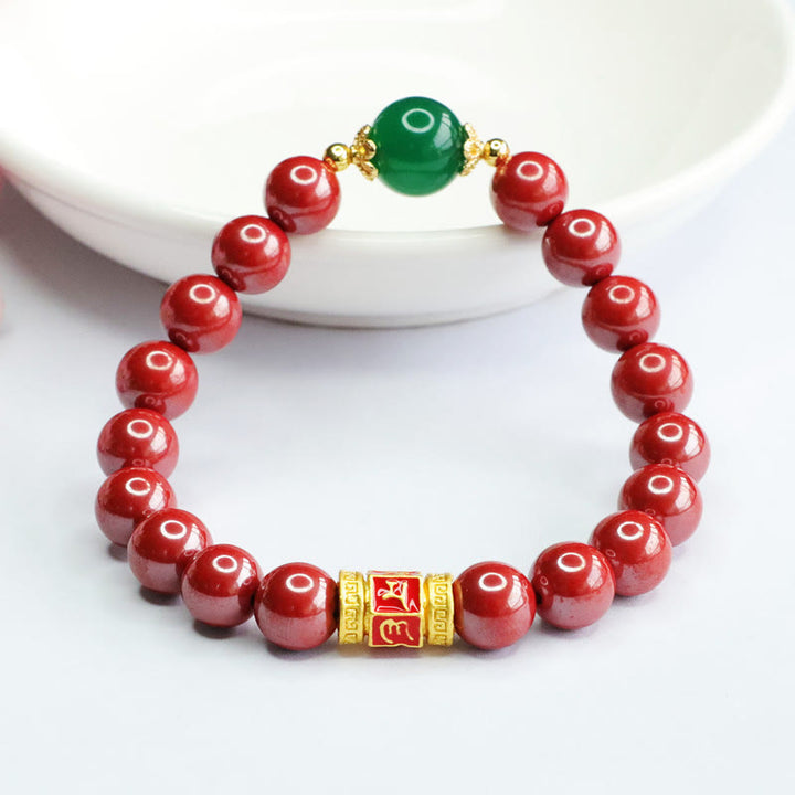 Bracelet de bénédiction en agate verte cinabre naturelle Buddha Stones et motif Om Mani Padme Hum