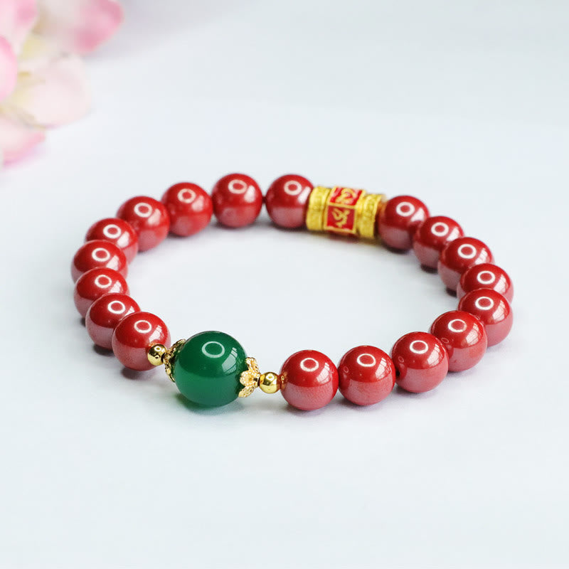 Bracelet de bénédiction en agate verte cinabre naturelle Buddha Stones et motif Om Mani Padme Hum