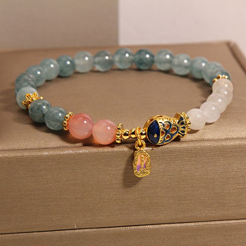 Bracelet porte-bonheur en jade et agate Yanyuan en Buddha Stones, jade blanc, poisson koï