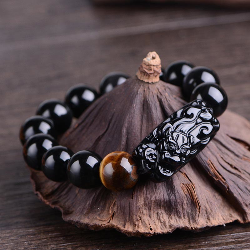 Bracelet de force en obsidienne noire naturelle PiXiu œil de tigre de Buddha Stones