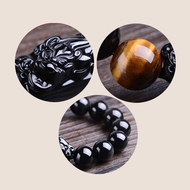 Bracelet de force en obsidienne noire naturelle PiXiu œil de tigre de Buddha Stones