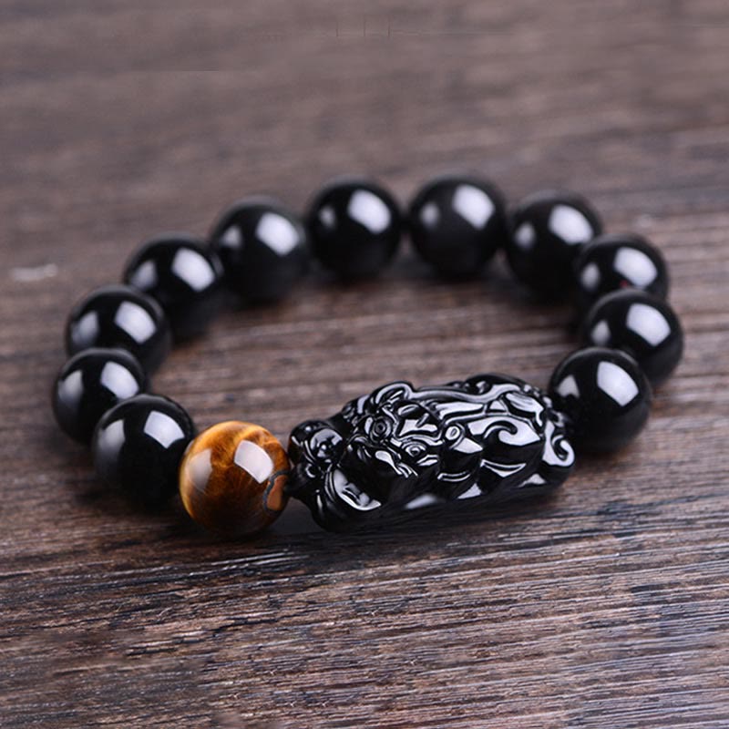 Bracelet de force en obsidienne noire naturelle PiXiu œil de tigre de Buddha Stones