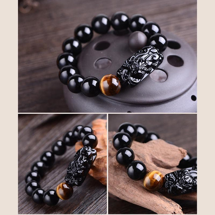 Bracelet de force en obsidienne noire naturelle PiXiu œil de tigre de Buddha Stones