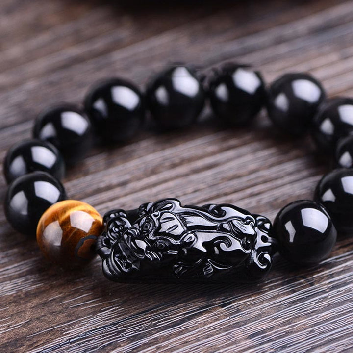 Bracelet de force en obsidienne noire naturelle PiXiu œil de tigre de Buddha Stones