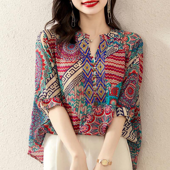 Chemise à demi-boutons à motif géométrique mandala Buddha Stones pour femme