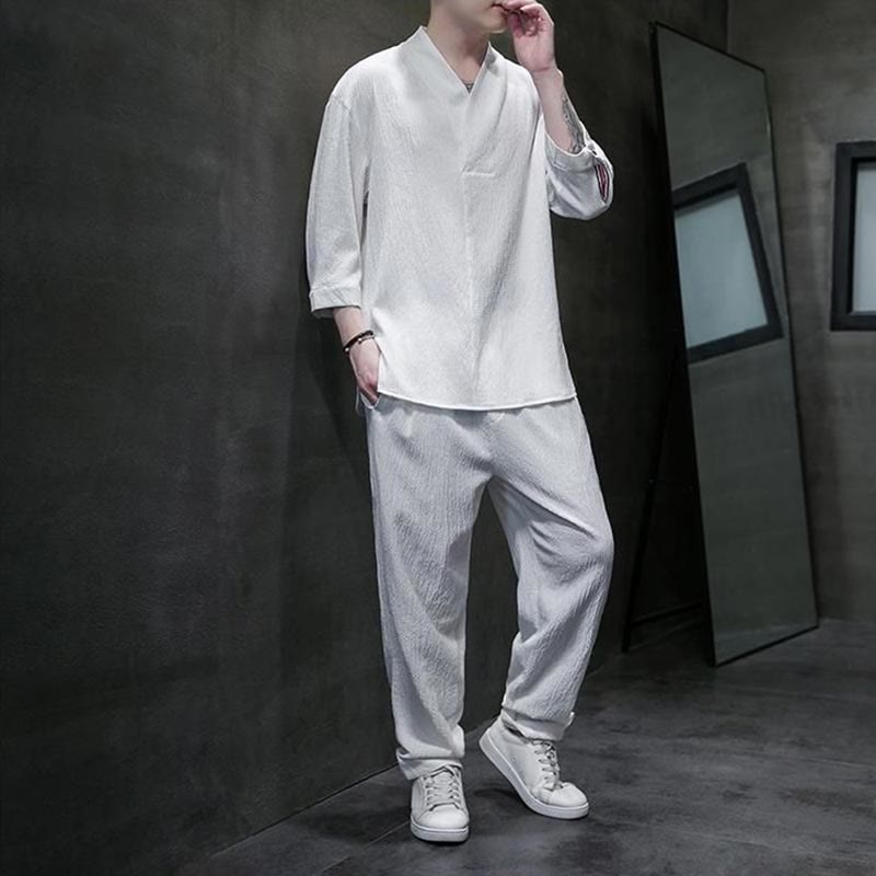 Chemise à manches trois-quarts à col en V de couleur unie Buddha Stones, pantalon décontracté, vêtements pour hommes - image 1