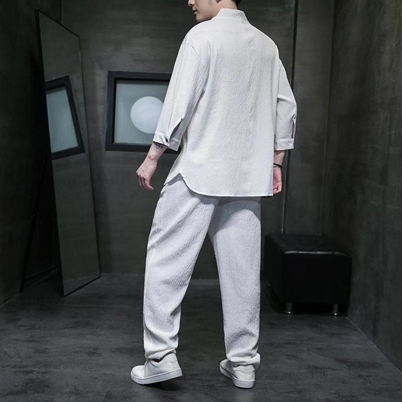 Chemise à manches trois-quarts à col en V de couleur unie Buddha Stones, pantalon décontracté, vêtements pour hommes - image 2