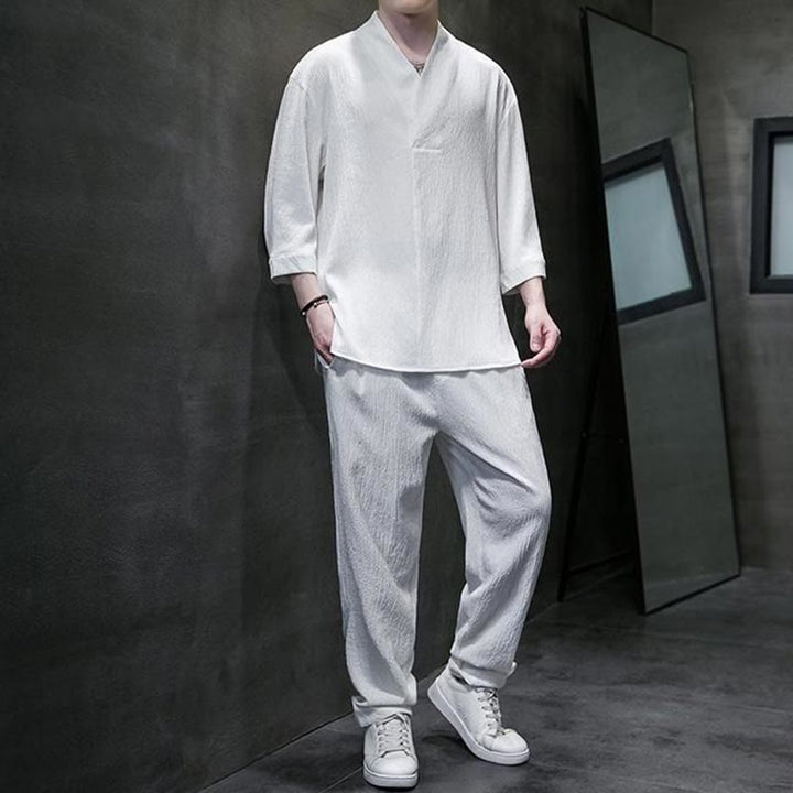 Chemise à manches trois-quarts à col en V de couleur unie Buddha Stones, pantalon décontracté, vêtements pour hommes - image 5