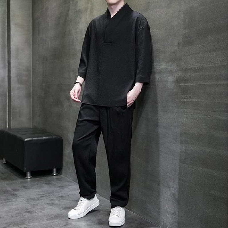 Chemise à manches trois-quarts à col en V de couleur unie Buddha Stones, pantalon décontracté, vêtements pour hommes - image 10