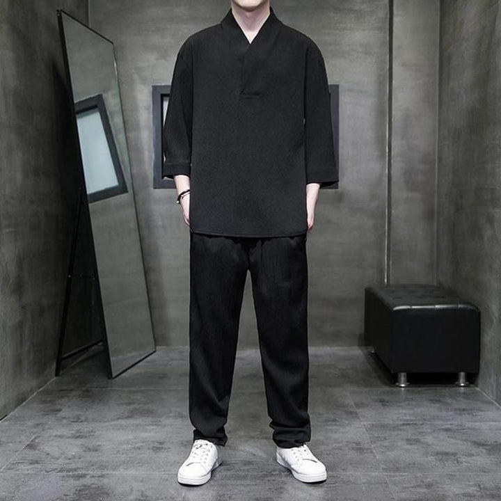 Chemise à manches trois-quarts à col en V de couleur unie Buddha Stones, pantalon décontracté, vêtements pour hommes - Noir - US/UK/AU44,EU54 (4XL) - image 7