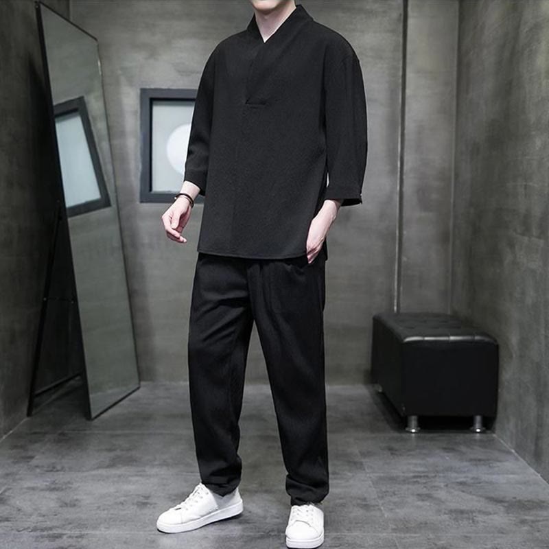 Chemise à manches trois-quarts à col en V de couleur unie Buddha Stones, pantalon décontracté, vêtements pour hommes - image 8