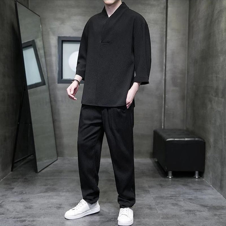 Chemise à manches trois-quarts à col en V de couleur unie Buddha Stones, pantalon décontracté, vêtements pour hommes - image 8