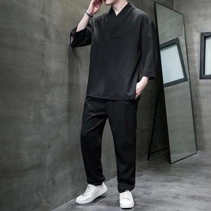 Chemise à manches trois-quarts à col en V de couleur unie Buddha Stones, pantalon décontracté, vêtements pour hommes - image 16