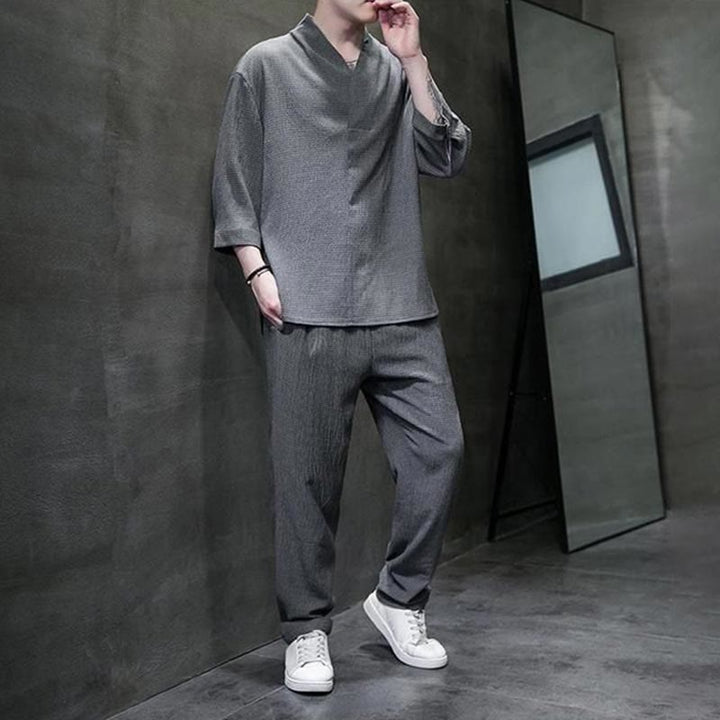 Chemise à manches trois-quarts à col en V de couleur unie Buddha Stones, pantalon décontracté, vêtements pour hommes - image 20