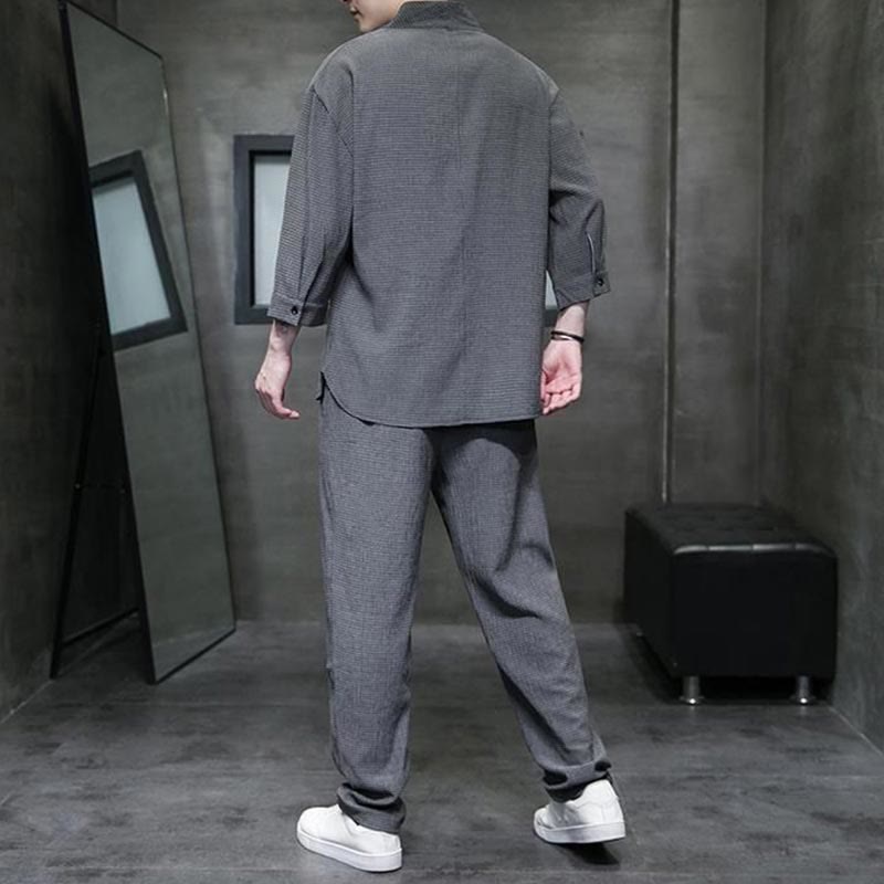 Chemise à manches trois-quarts à col en V de couleur unie Buddha Stones, pantalon décontracté, vêtements pour hommes - image 19