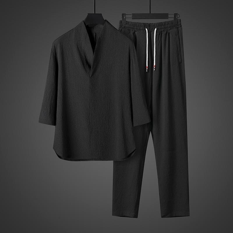 Chemise à manches trois-quarts à col en V de couleur unie Buddha Stones, pantalon décontracté, vêtements pour hommes - image 11