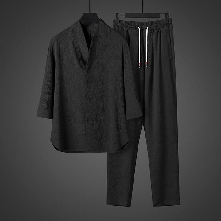 Chemise à manches trois-quarts à col en V de couleur unie Buddha Stones, pantalon décontracté, vêtements pour hommes - image 11