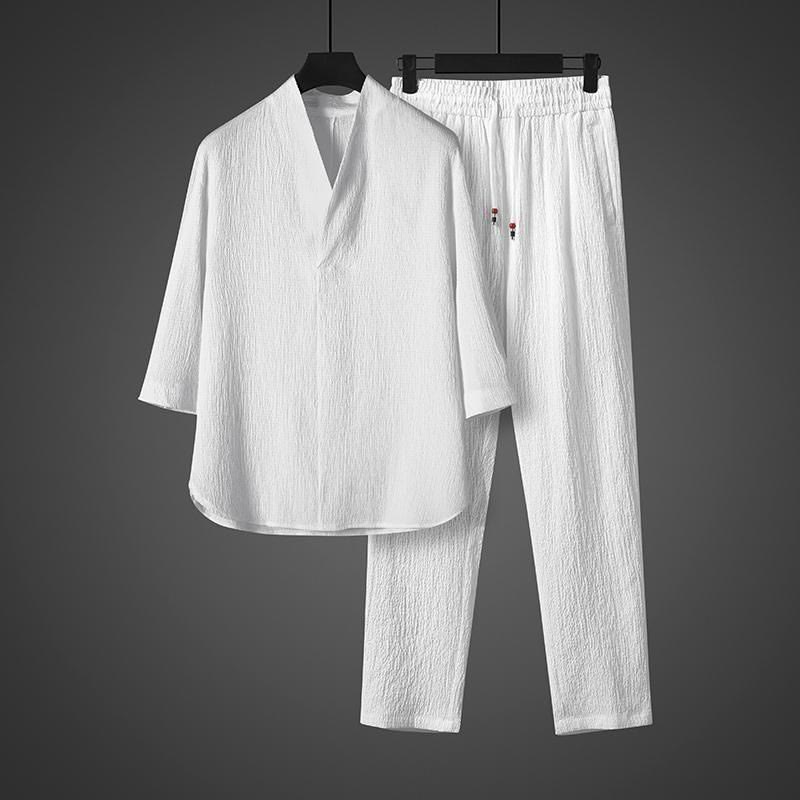 Chemise à manches trois-quarts à col en V de couleur unie Buddha Stones, pantalon décontracté, vêtements pour hommes - image 4