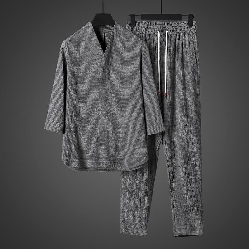 Chemise à manches trois-quarts à col en V de couleur unie Buddha Stones, pantalon décontracté, vêtements pour hommes - image 23