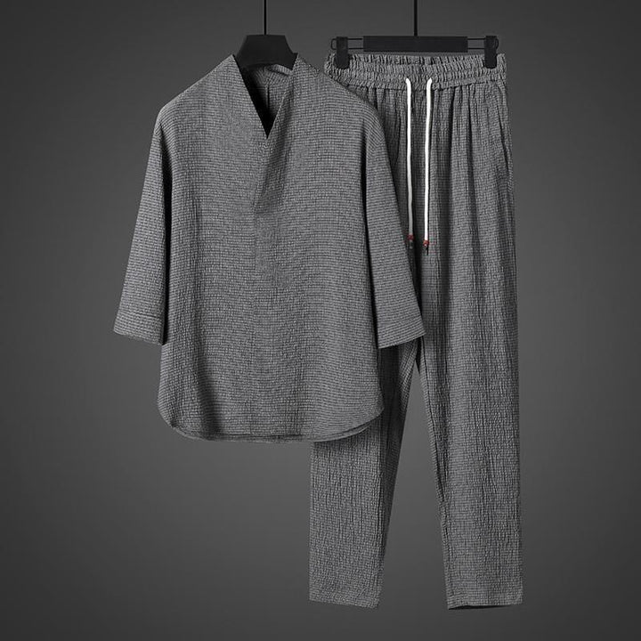 Chemise à manches trois-quarts à col en V de couleur unie Buddha Stones, pantalon décontracté, vêtements pour hommes - image 23