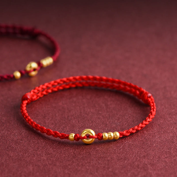 Bracelet de cheville en corde tressée faite à la main avec petite boucle de paix en or 999 avec Buddha Stones - Bracelet de cheville (circonférence 18-30 cm) - Rouge - image 0