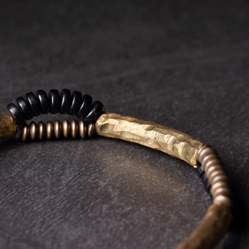 Bracelet fait main en Buddha Stones vintage en bois d'ébène et cuivre pour la chance et la richesse