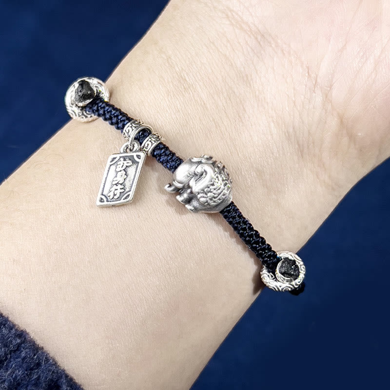 Bracelet de force avec breloque amulette en argent sterling 925 Buddha Stones et éléphant en sécurité et en bonne santé