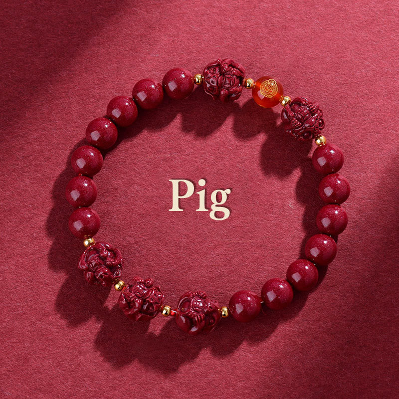 Bracelet de bénédiction en Buddha Stones signe du zodiaque chinois en cinabre pour éloigner les mauvais esprits