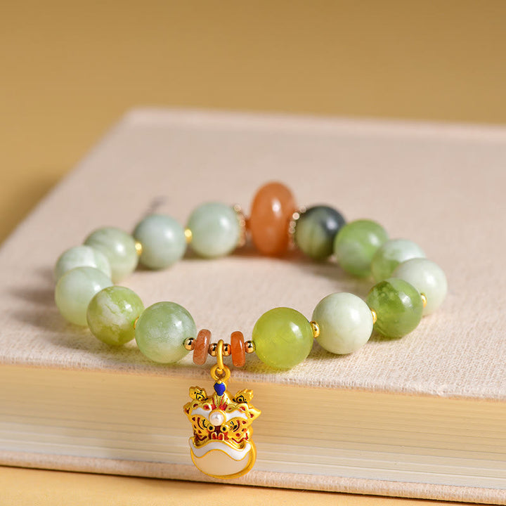 Bracelet porte-bonheur en jade naturel avec pendentif lion dansant et Buddha Stones