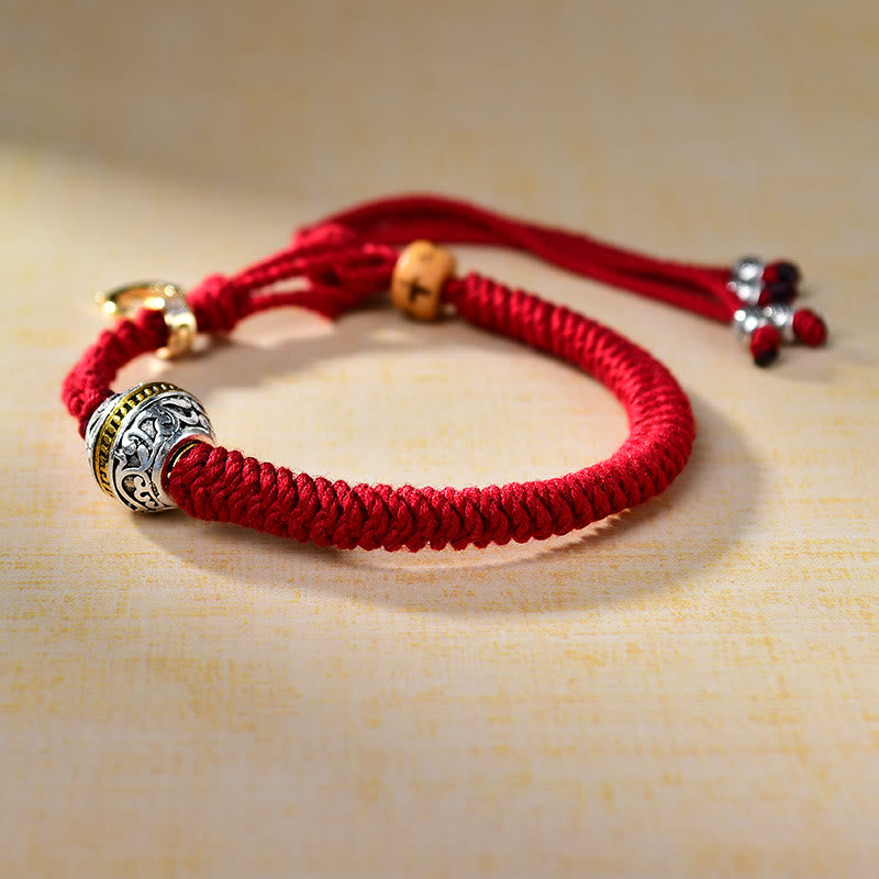 Bracelet porte-bonheur en corde tressée rouge avec Buddha Stones Thangka tibétain vert argent Tara Zakiram déesse de la richesse