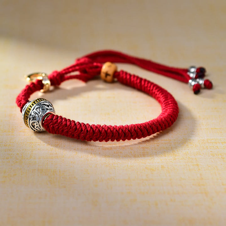 Bracelet porte-bonheur en corde tressée rouge avec Buddha Stones Thangka tibétain vert argent Tara Zakiram déesse de la richesse