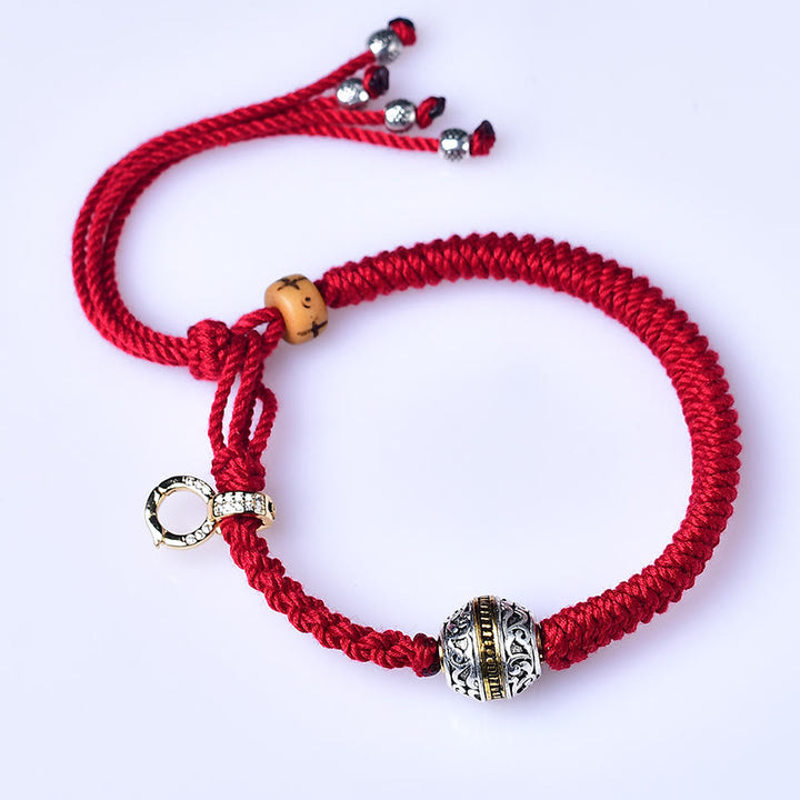 Bracelet porte-bonheur en corde tressée rouge avec Buddha Stones Thangka tibétain vert argent Tara Zakiram déesse de la richesse